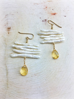Hildur Earrings 'D' - Freshwater Pearl 14k Gold Filled Citrine Drops - The Bead N Crystal & Enclave Gems