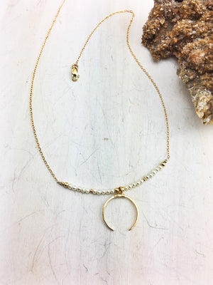 Hildur Necklace 'F' - Freshwater Pearl 14k Gold Filled Crescent and Chain - The Bead N Crystal & Enclave Gems