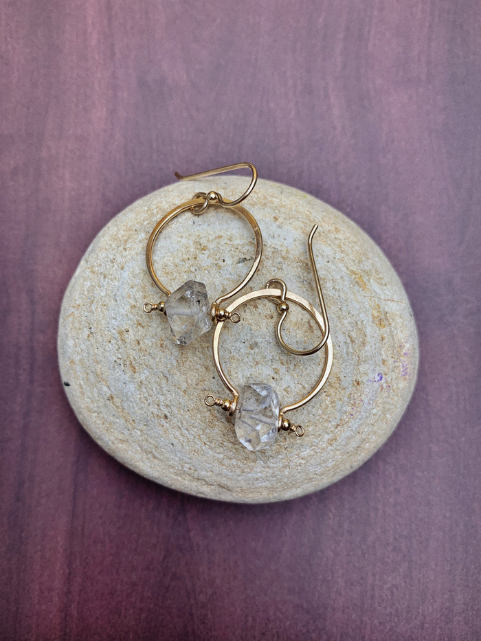 Benny Earrings - Large Herkimer Diamond Quartz Med Hoops