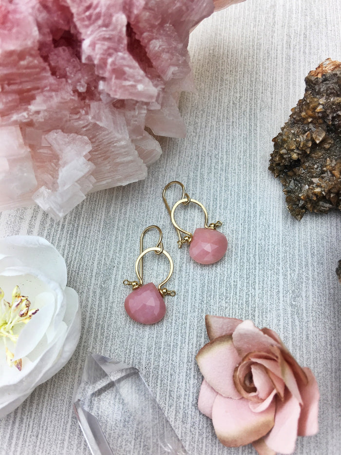 Fifi Earrings - Faceted Pink Opal Briolette Cut Natural Teardrop 14k Gold Filled