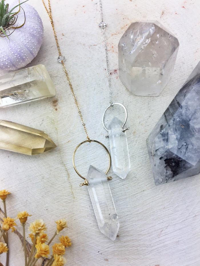Kendall Necklace - Natural Crystal Quartz Drop Sterling Hoop and Chain