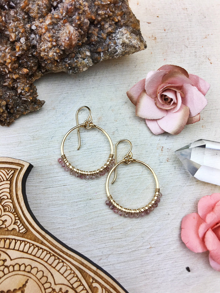 Ophelia's Hoop Earrings - Strawberry Quartz Gemstones 14k Gold Filled