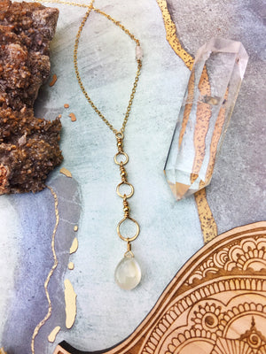 Mysti Necklace - Rainbow Moonstone Briolette Tri-Hoop Pendant 14k Gold Fill - The Bead N Crystal & Enclave Gems