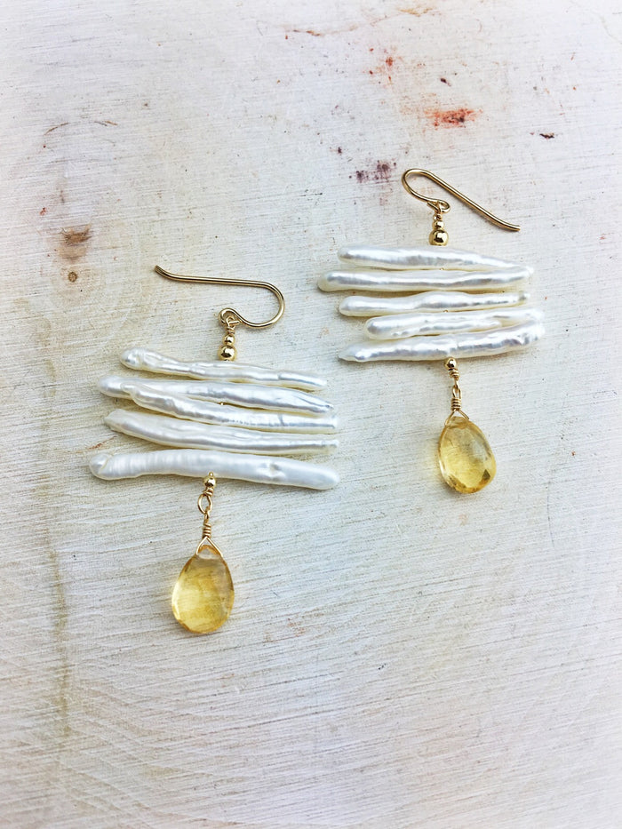 Hildur Earrings 'D' - Freshwater Pearl 14k Gold Filled Citrine Drops