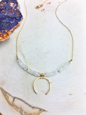 La Luna Bella Necklace 'E' - Rainbow Moonstone 14k Gold Fill Chain and Crescent Pendant - The Bead N Crystal & Enclave Gems