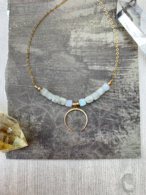 Mollie Necklace - Rainbow Moonstone Faceted Cubes Crescent Pendant - The Bead N Crystal & Enclave Gems